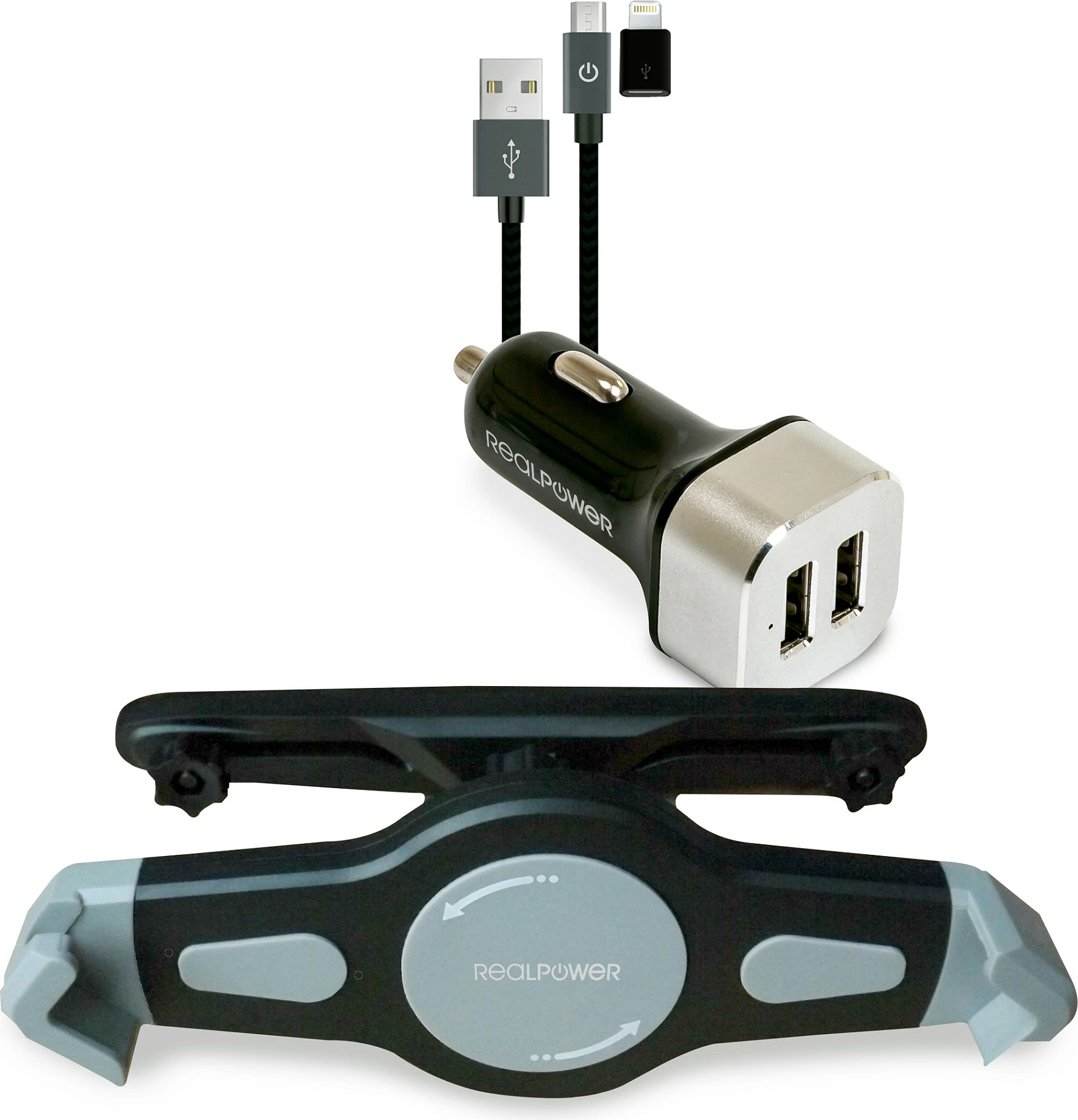 Set karikuesi për veturë + mbajtëse tablet RealPower KFZ, 2x USB, Micro-USB, e zezë/argjendtë