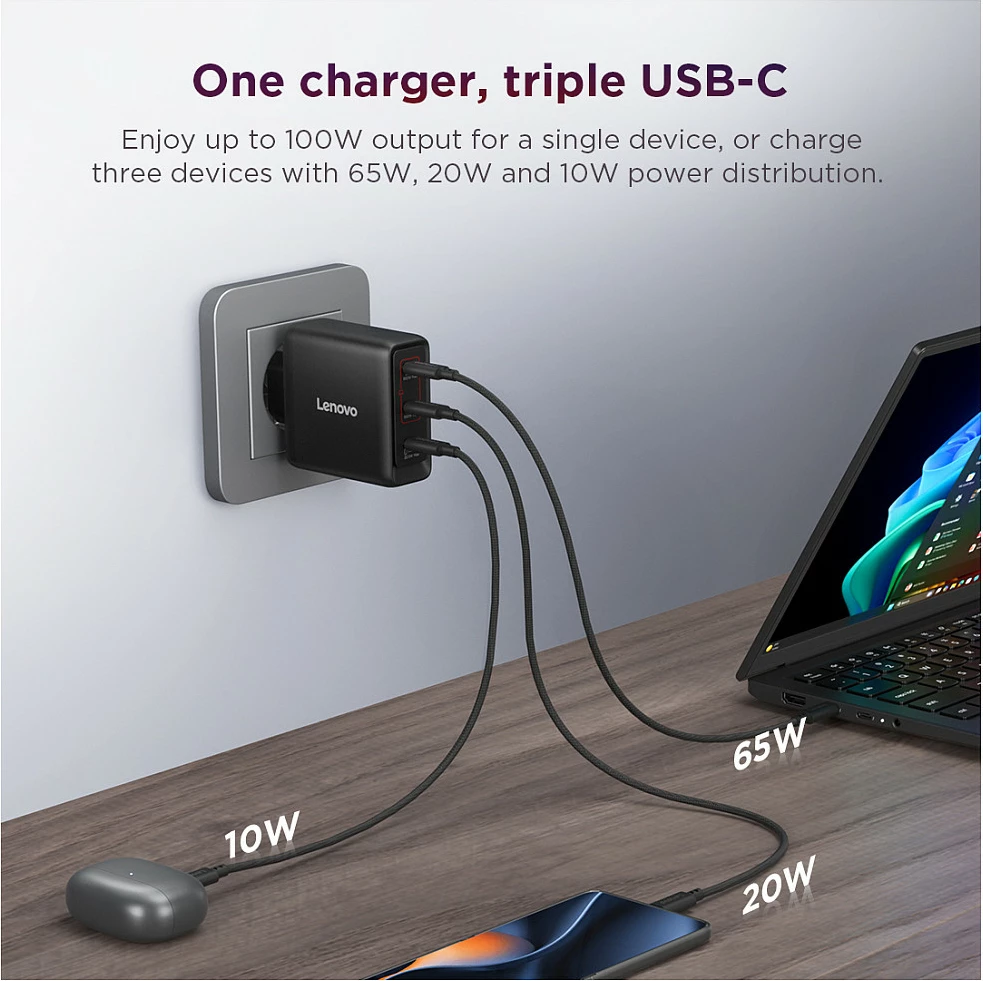 Karikues Lenovo Multi-Port USB-C 100W GaN, 3 porta, kabllo USB-C 1.8m, i zi