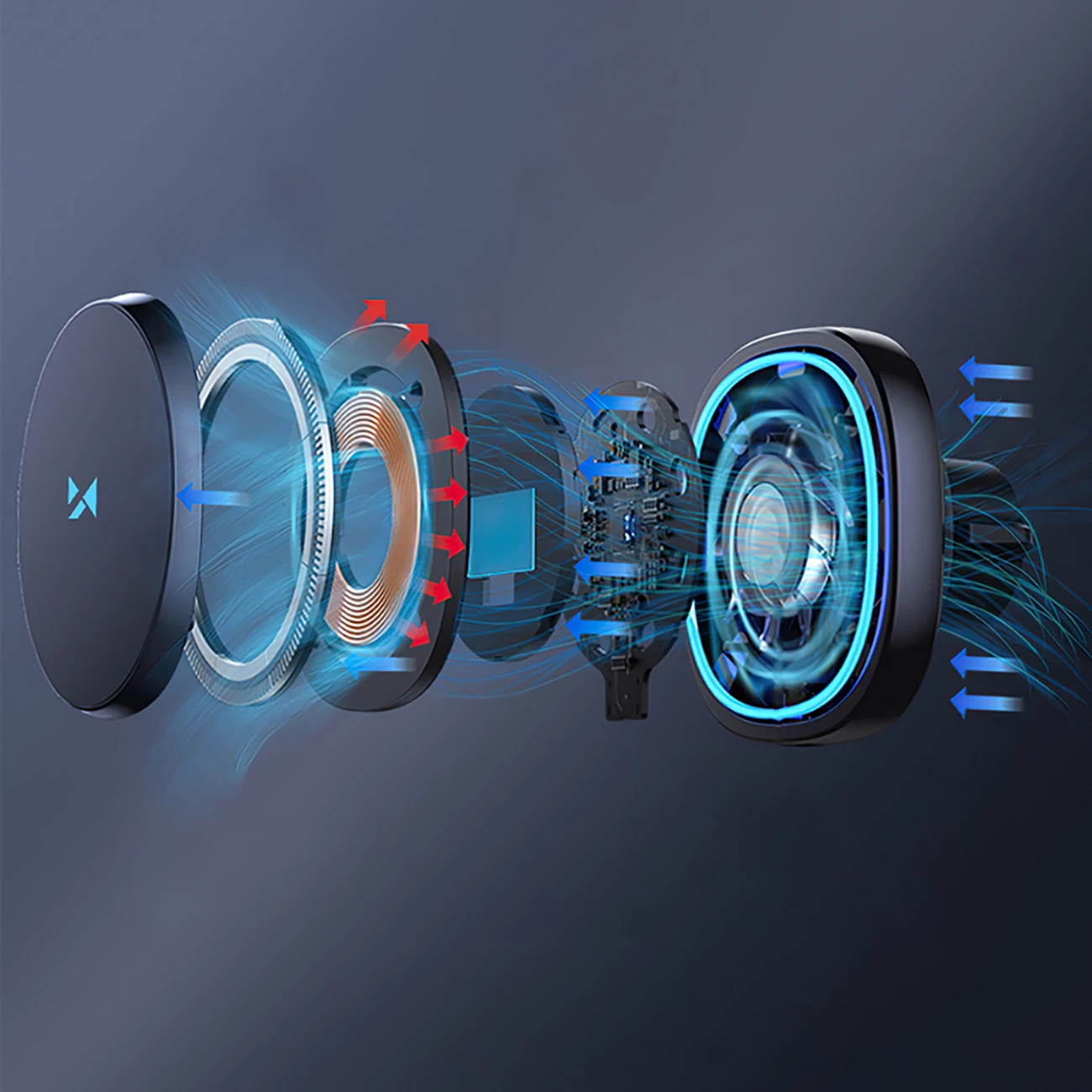 Mbajtës makine magnetik, Wozinsky WCT5-6S2Y, karikim wireless Qi/MagSafe 15W, krah rrotullues 360° me animes 180°, montim në grilë ajrimi me ventilator, e zezë