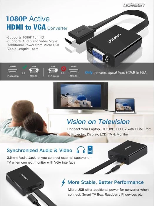Konvertues HDMI në VGA UGREEN 40248, me audio 3.5mm + MicroUSB power, 16cm, i zi, me kuti