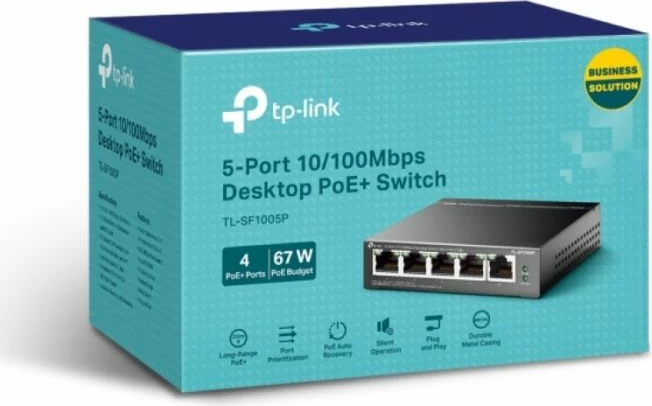 Switch TP-LINK TL-SF1005P 5-port 10/100Mbps me 4-Port PoE+ 67W, i zi