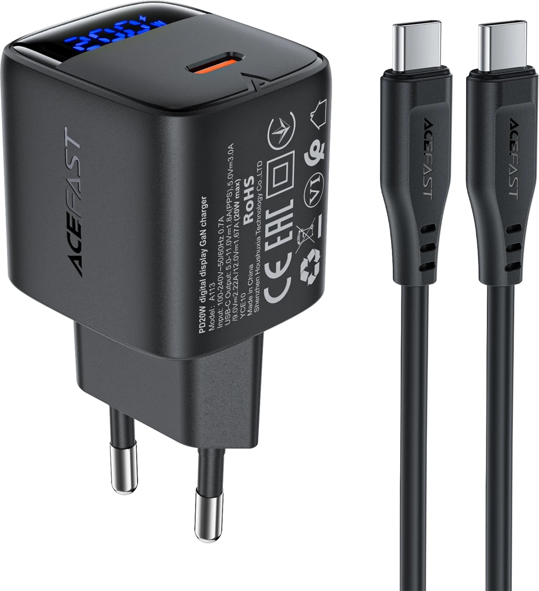 Karikues muri Acefast A113 GaN PD 20W USB-C me display, me kabllo USB-C, i zi