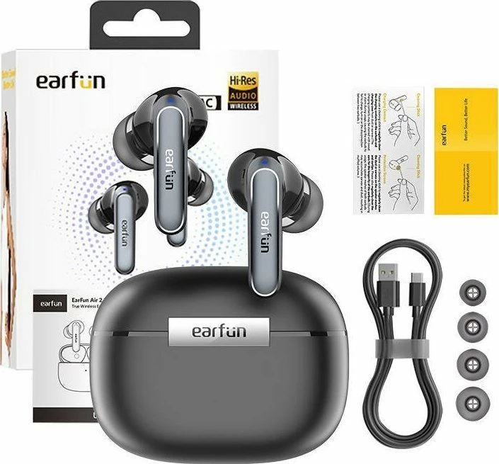Kufje EarFun Air2 (TW210B) TWS Bluetooth 5.3, LDAC/Hi-Res, IPX7, zezë, set me kuti karikimi