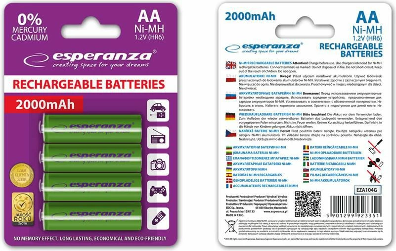 Bateri rikarikueshme Esperanza AA/R6 2000mAh 1.2V NiMH, e gjelbër, 4 copë