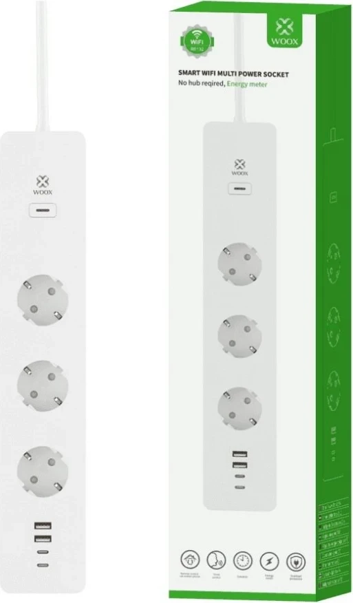 Shiriti i Mençur WOOX R6132 me WiFi, 3 priza AC, 2 porta USB 2.0, 2 porta USB-C, i bardhë