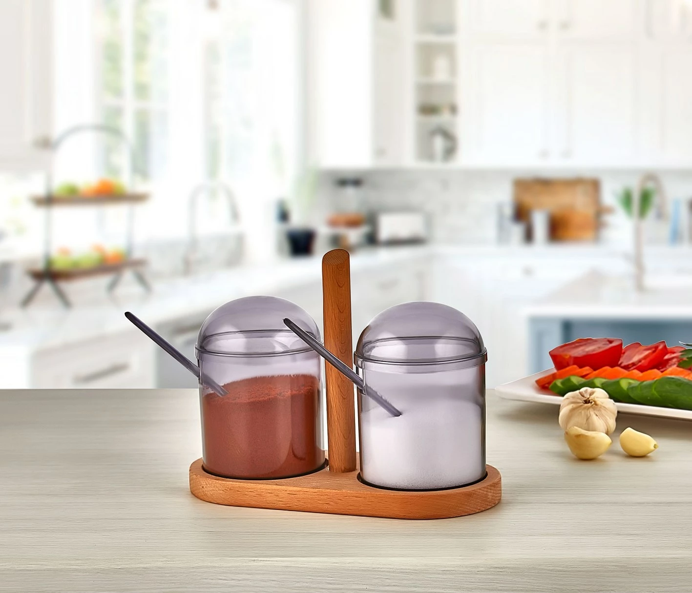 Set enë për erëza me raft kuzhine, druri dhe plastikë, ngjyrë vjollcë, Hermia Concept, 610