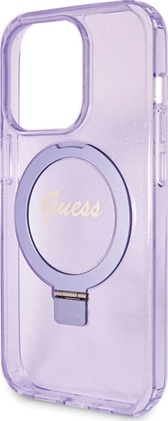 Mbështjellës Guess Ring Stand Script Glitter MagSafe për iPhone 15 Pro Max, vjollcë