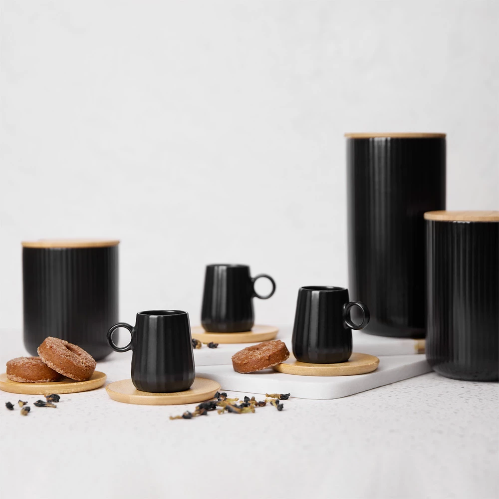 Set filxhanësh espresso Ripple, 6 copë, porcelan i zi, bambu natyral, 26x23x6cm