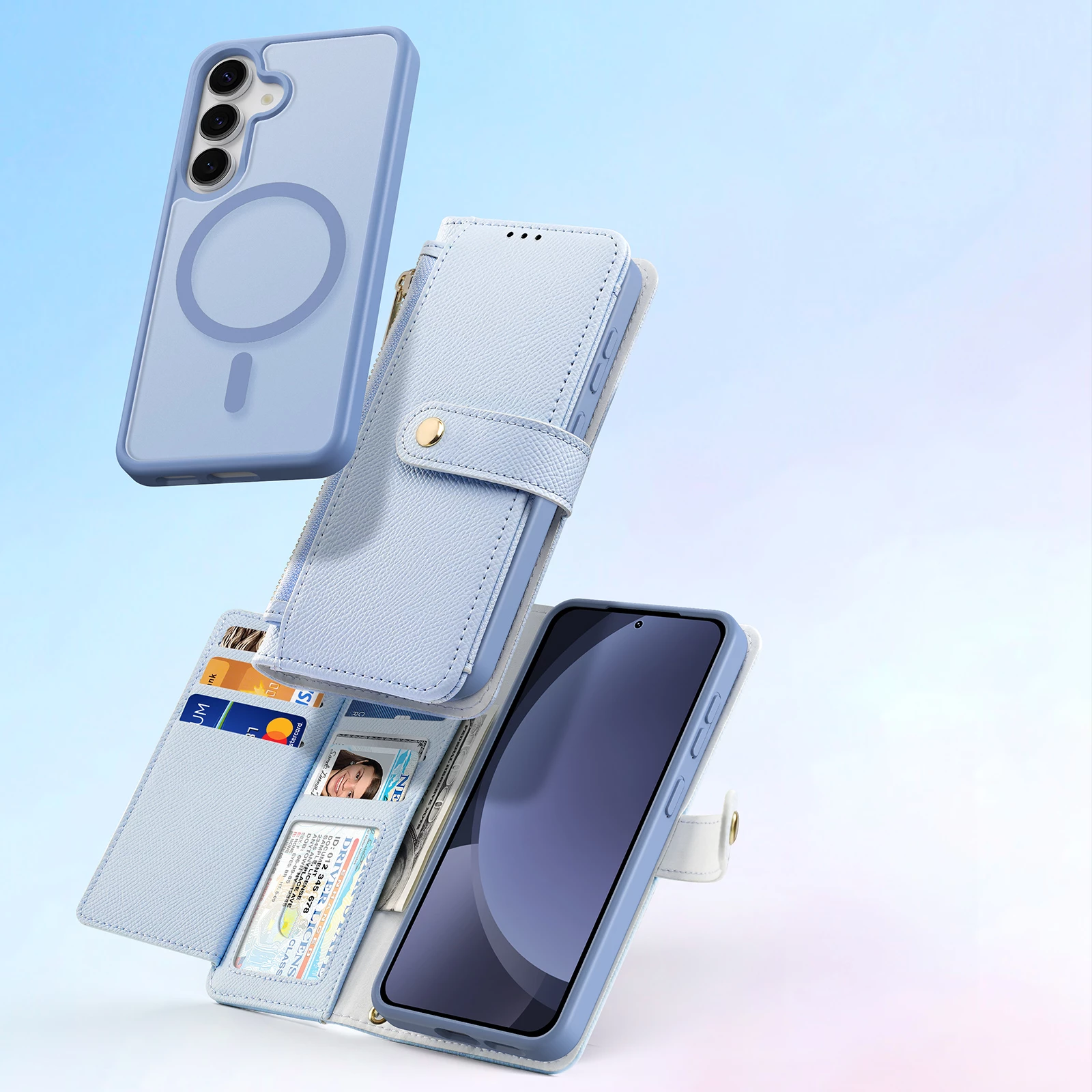 Mbështjellës Dux Ducis Lawa për Samsung Galaxy S25+, lëkurë, me portofol magnetik të ndashëm, kaltër