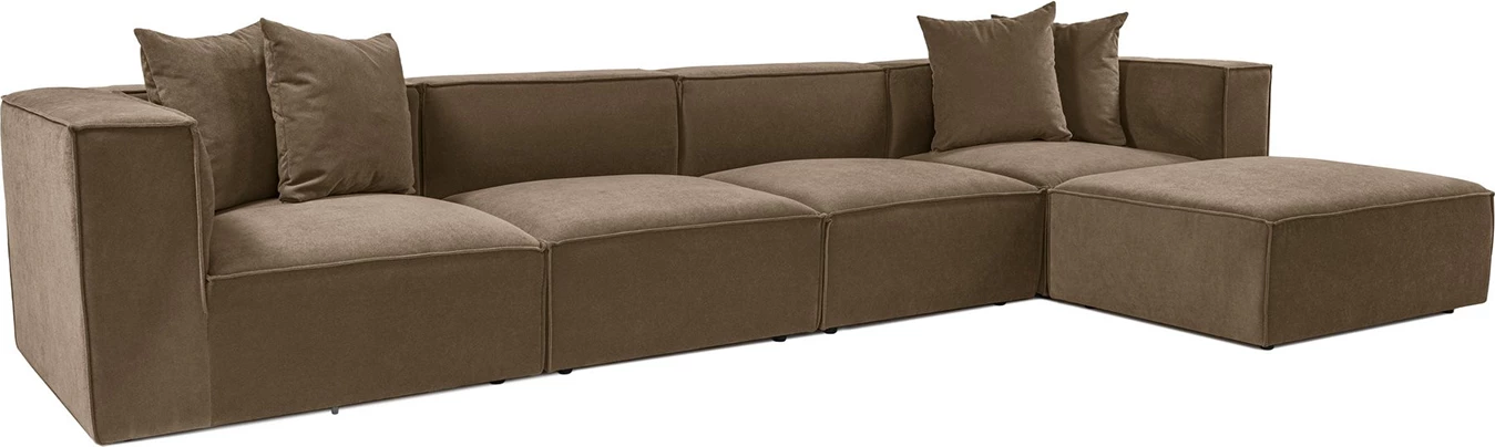 Këndore Sora me pouffe, kornizë druri, pëlhurë lino, kafe, 350x65x190cm