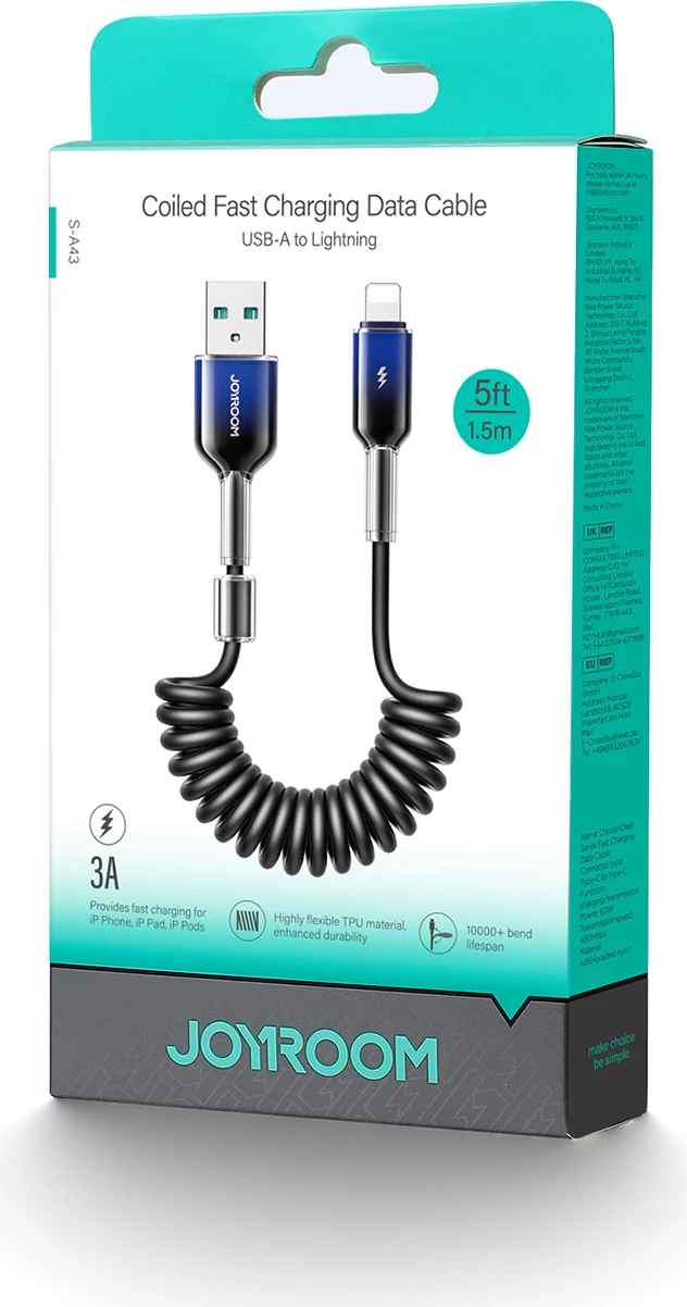 Kabllo spiral Joyroom S-A43 Crystal-Clear Series, 1.5m, USB-A në Lightning, 3A, e zezë