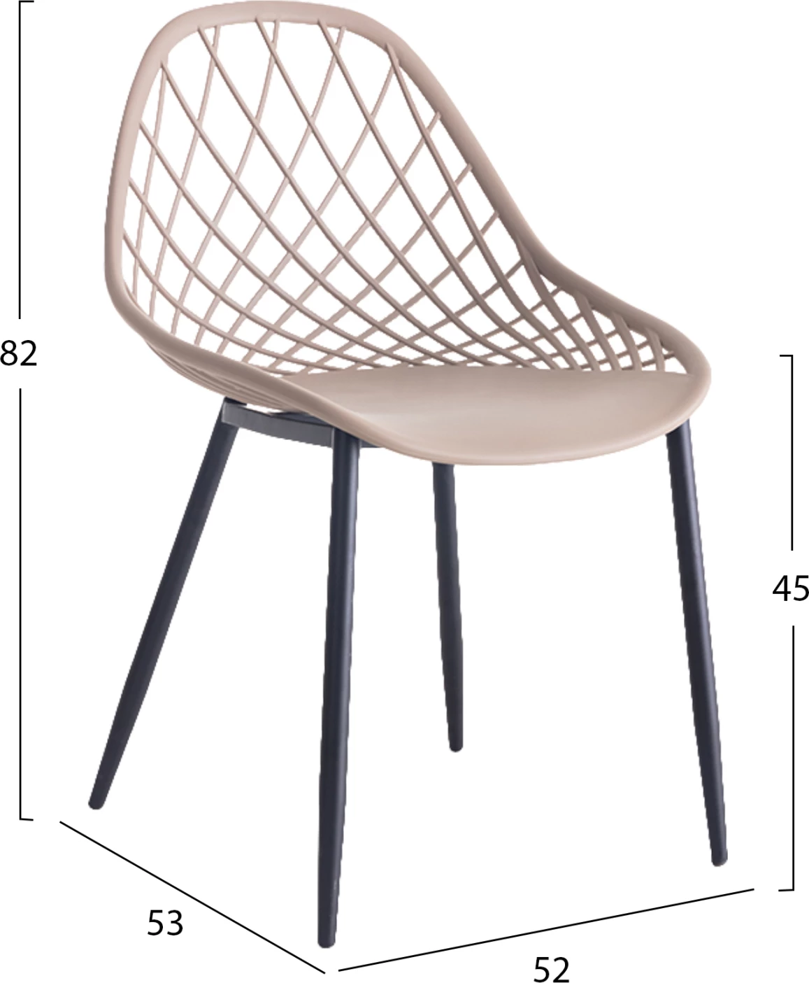 Karrige polipropileni FH9524.03 ngjyrë kapuçino me këmbë metalike të zeza 52x53x82Hcm., set prej 4 copash