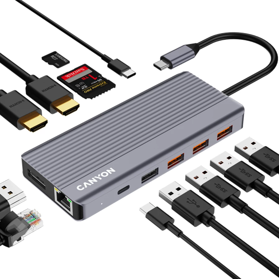 Hub USB-C CANYON DS-16 13n1 4K me Power Delivery, gri