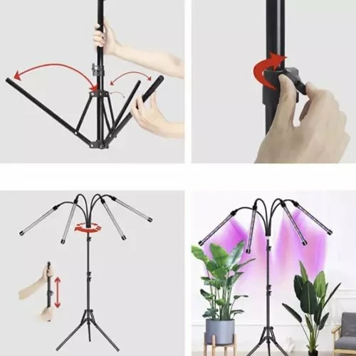 Llambë LED grow për bimë Gardlov 19388, 80 LED, 4 panele, me tripod, USB, timer, e zezë, set 4 copë