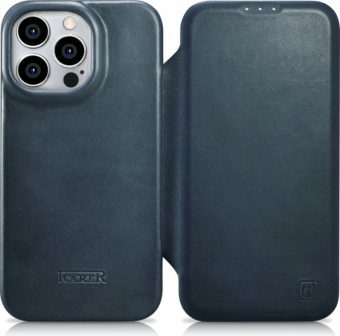 Mbështjellës iCarer Oil Wax Premium Leather Folio për iPhone 14 Pro, MagSafe, Blu