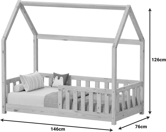 Krevat për fëmijë Montessori me parmakë, dru pishe, ngjyrë e bardhë, 70x140cm