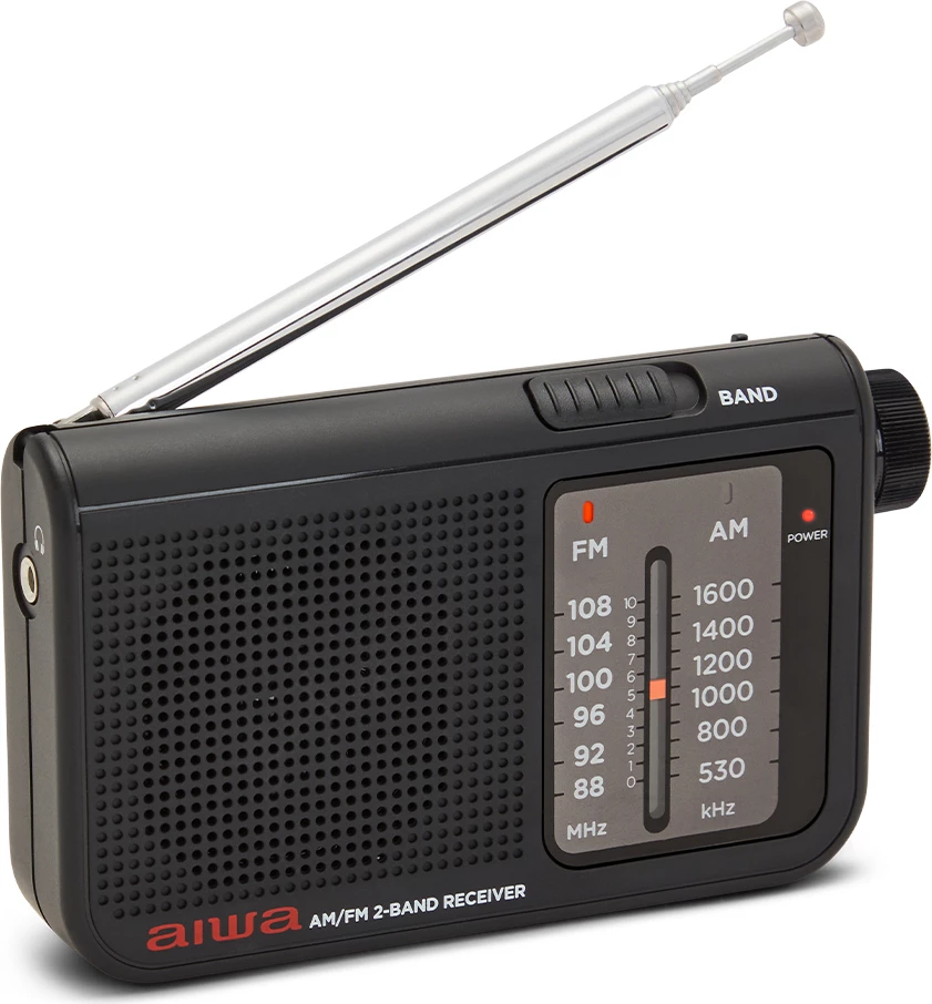 Radio xhepi Aiwa RS-55, FM/AM, antenë teleskopike 48 cm, dalje 3.5 mm, punon me 2xAA, e zezë, set me kufje + çantë mbrojtëse + rrip dore + bateri (2 copë)