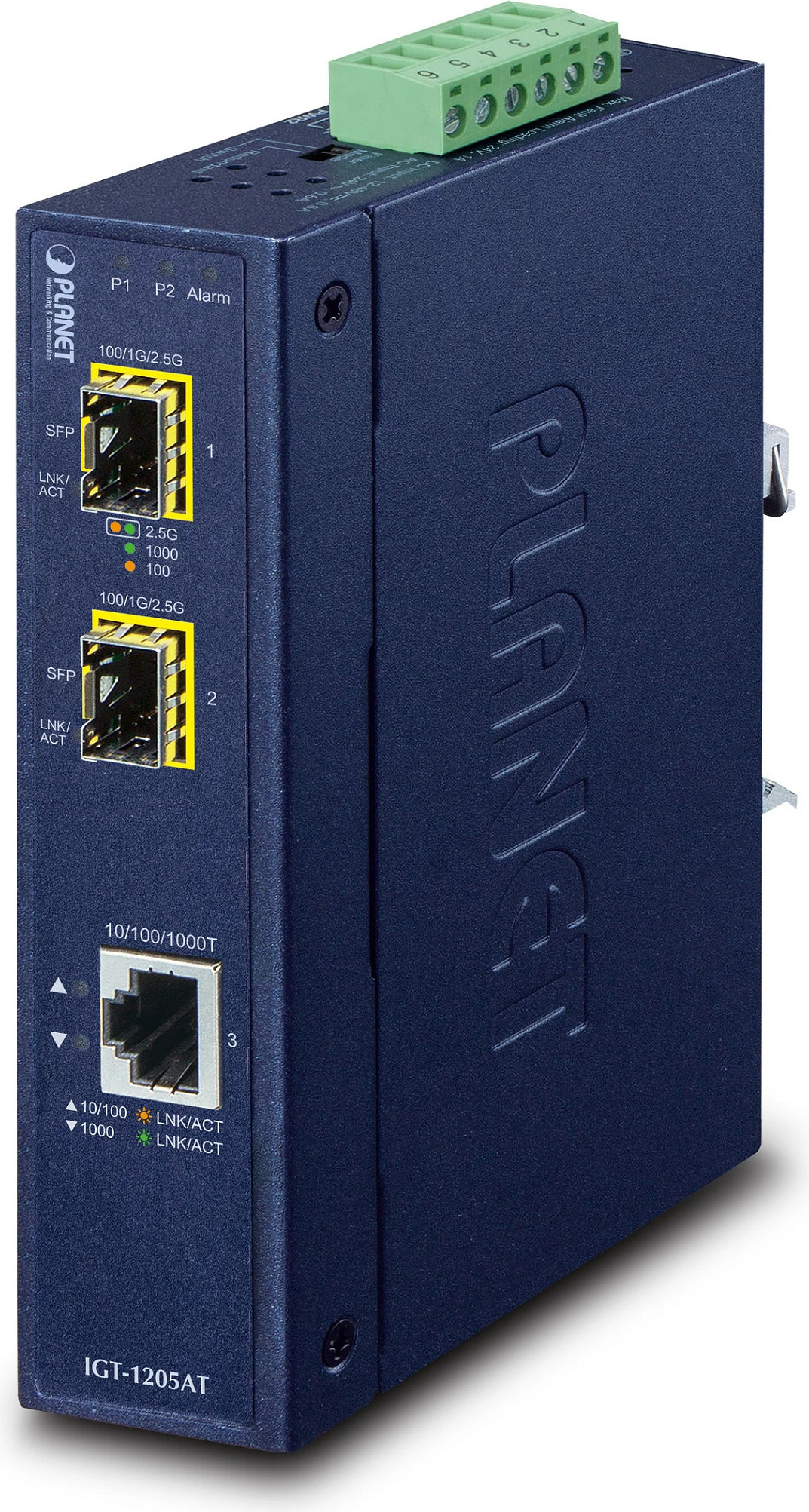 Media konvertues industrial Planet IGT-1205AT, Gigabit RJ-45 në 2x SFP, DIN rail, IP30, blu
