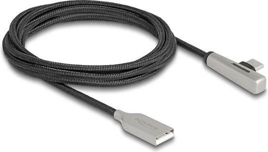 Kabllo USB DeLOCK USB-A në USB-C 2m, 60W Fast Charging, LED, konektor i kënduar, e zezë/argjendtë