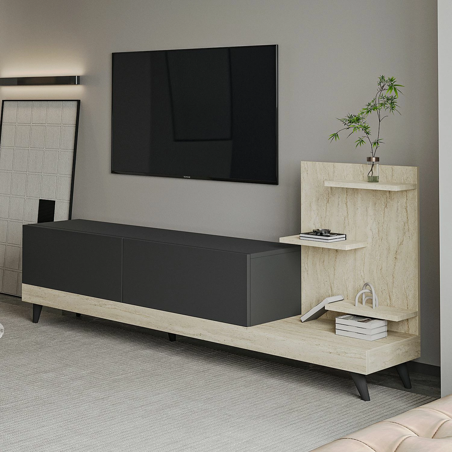 Komodë TV Skye Decor, dizajn anthracite-travertin