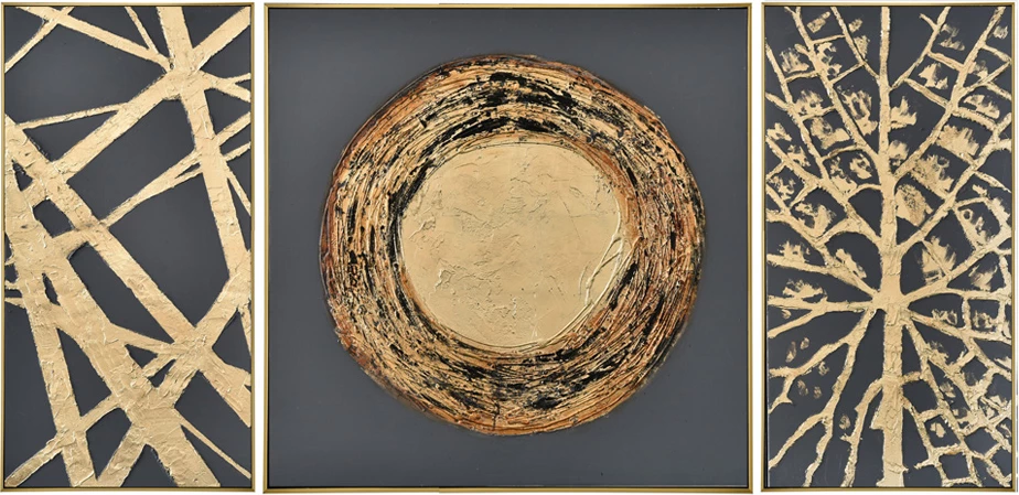 Set pikturash triptike, 3 copë, kanavacë, kornizë druri, ngjyrë e zezë dhe ari, 168x88x5cm