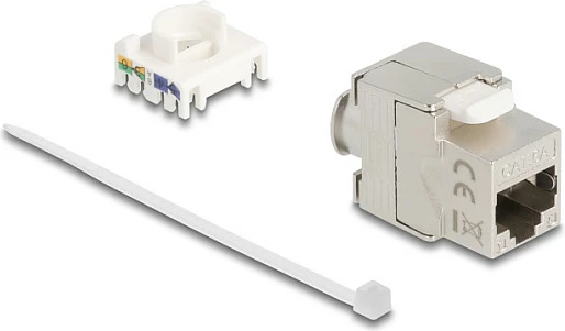 Modul Keystone DeLOCK Slim RJ45 në LSA, Cat6A i mbrojtur, 180°, pa vegla, argjend/bardhë