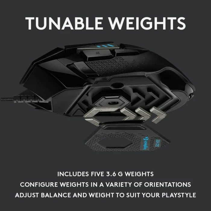 Maus gaming Logitech G502 HERO 910-005471, 25,600 DPI, 11 butona, RGB LIGHTSYNC, me kabllo, me pesha të rregullueshme, i zi