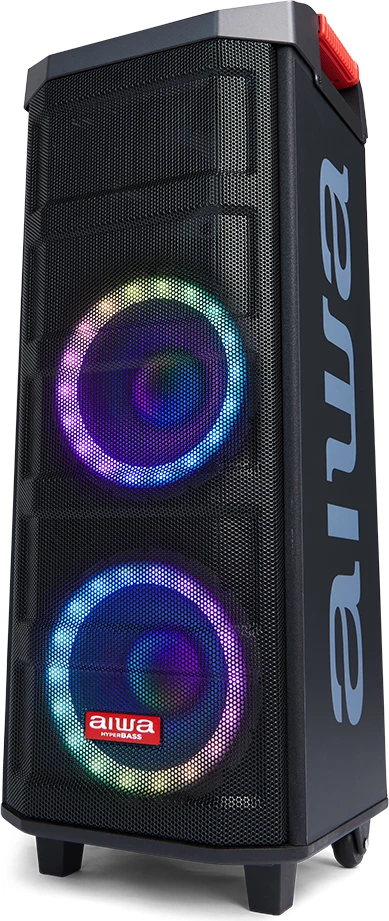 Altoparlant portativ Bluetooth Aiwa KBTUS-608 80 W RMS me drita RGB, me karrocë me rrota, i zi, me 2 mikrofonë wireless