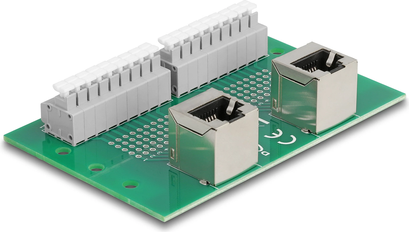 Adapter rrjeti DeLOCK RJ45 2x Female në Terminal Block, montim DIN rail, 90°, jeshil/gri