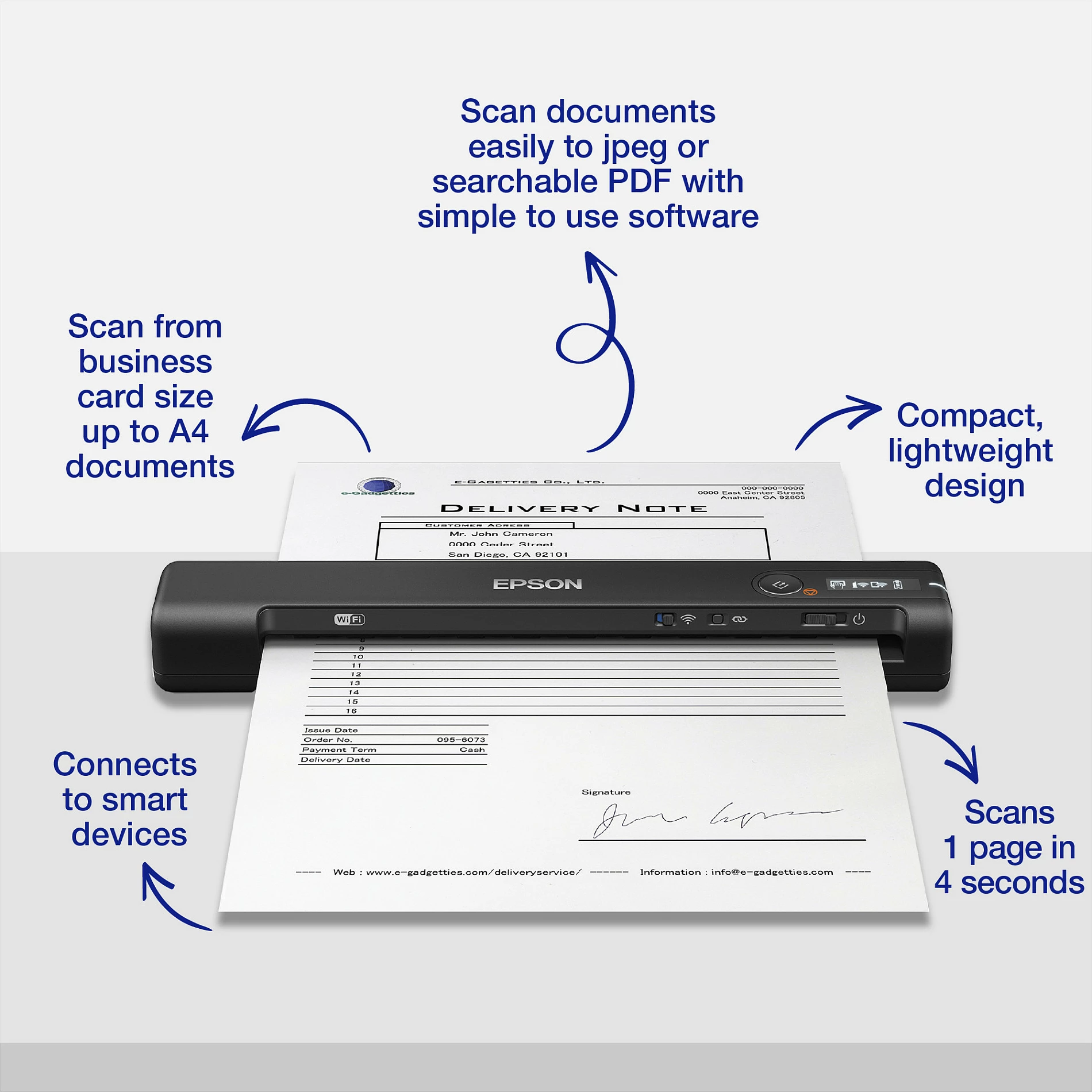 Skaner portativ Epson WorkForce ES-60W, Wi-Fi, bateri, 600 x 600 DPI