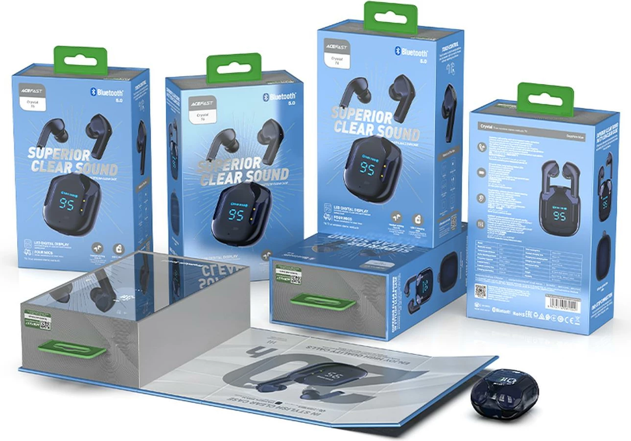 Kufje Acefast T6 TWS wireless, Bluetooth, me ekran LED, Blu