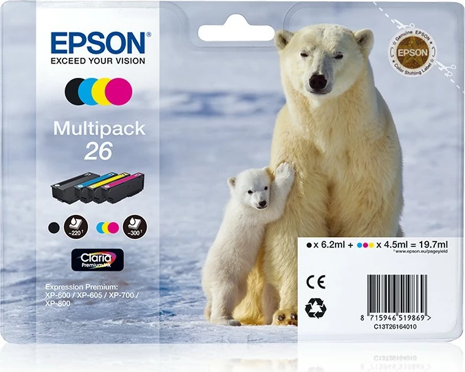 Toner Epson Polar bear Multipack 4 ngjyra 26 Claria Premium, Black, Cyan, Magenta, Yellow