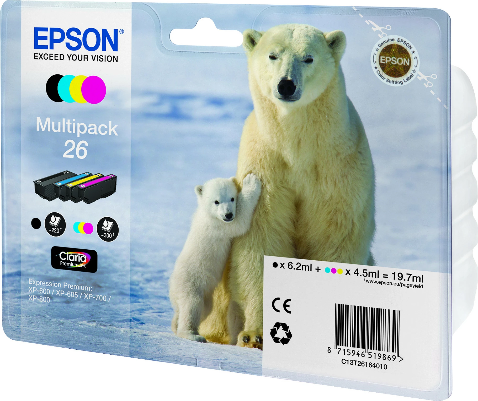 Toner Epson Polar bear Multipack 4 ngjyra 26 Claria Premium, Black, Cyan, Magenta, Yellow