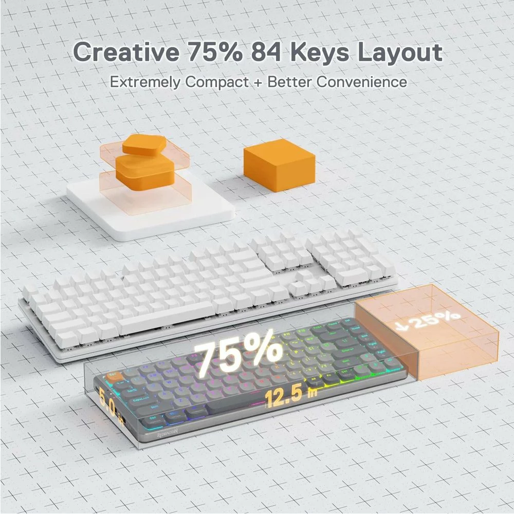 Tastierë mekanike wireless Redragon Azure K652GG RGB Pro K652GG, 75% (84 taste), low-profile, red switch, RGB, tri-mode Bluetooth/2.4GHz/USB, gri e errët