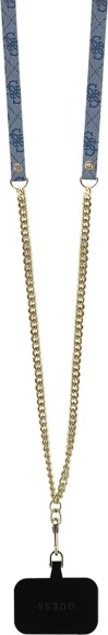 Mbështjellës Guess për iPhone 16, lëkurë, logo metalike, rrip, Blu
