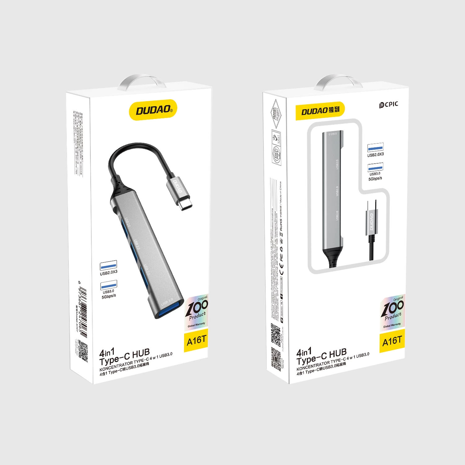 HUB Dudao A16T, 4x USB-A (3x USB2.0, 1x USB3.0), USB-C, 6.3cm, zi