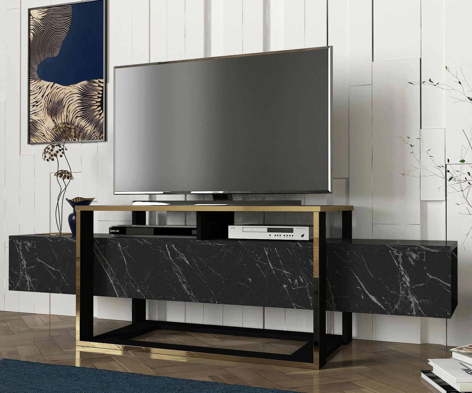 Komodë TV Hanah Home, ngjyrë e zezë dhe ari, Bianco
