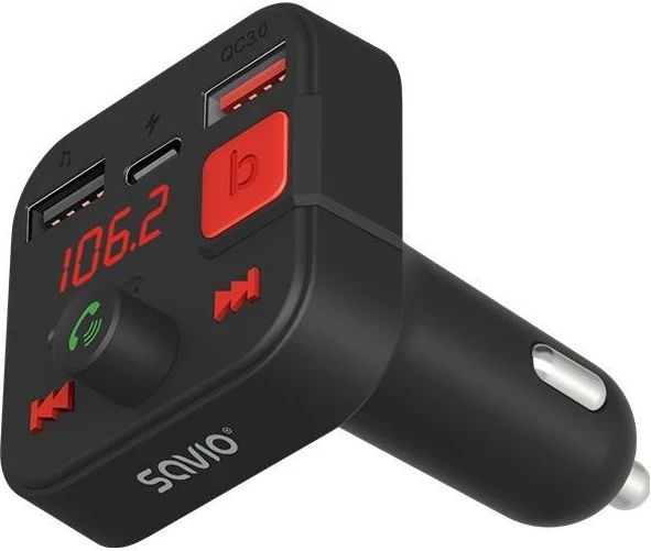 Transmiter FM Savio TR-15, Bluetooth, 2 x USB 2.0, e zezë