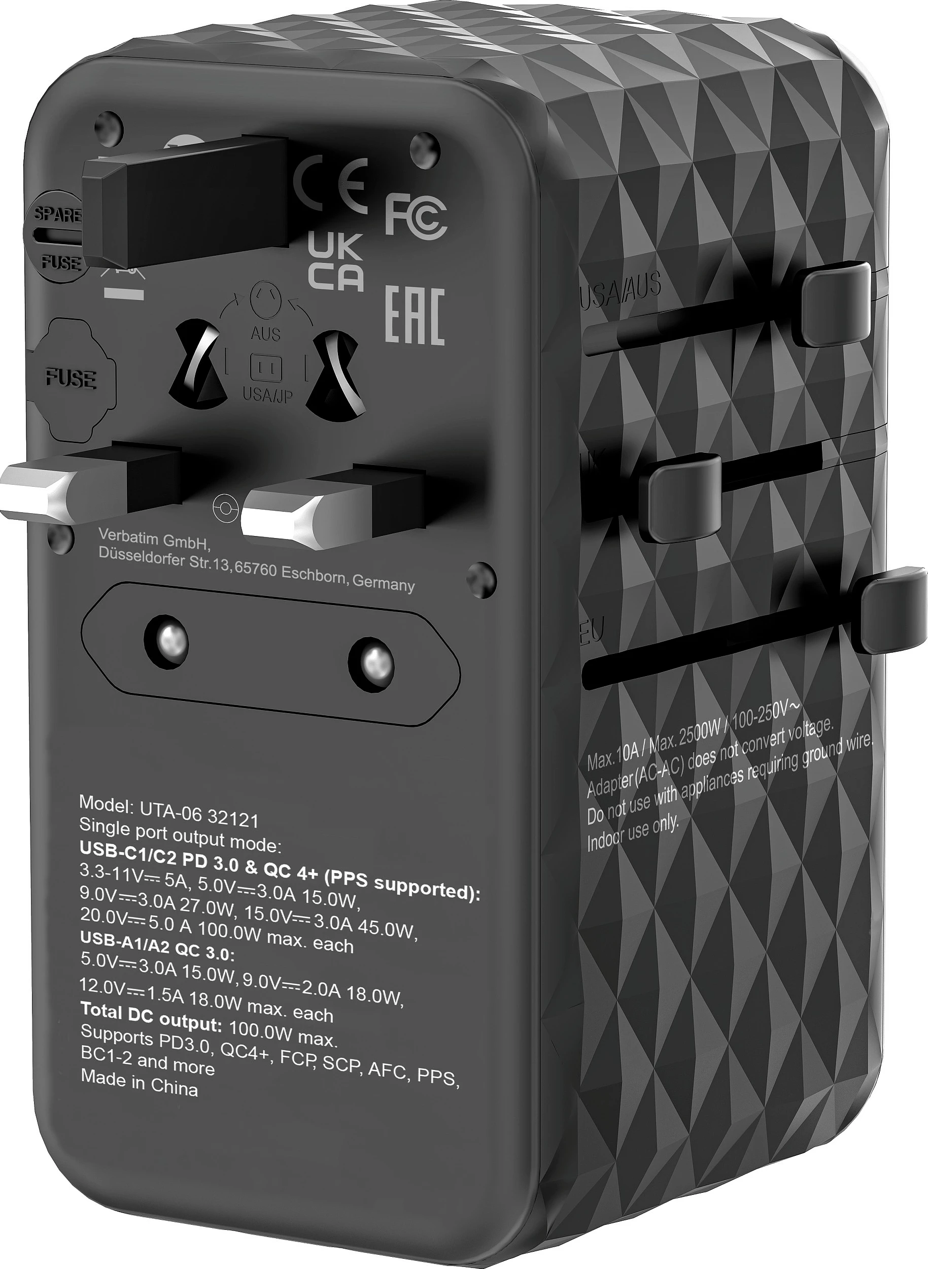 Adapter udhëtimi Verbatim UTA-06 GaN III, 100W, 2x USB-C PD, 2x USB-A QC, i zi