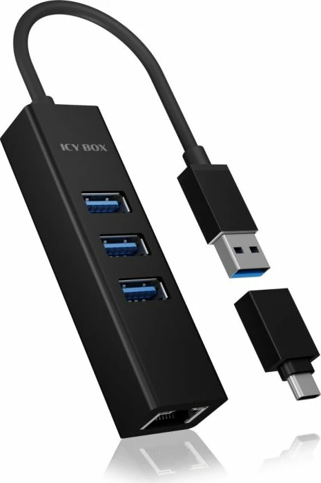 Hub USB + kartelë rrjeti LAN ICYBOX IB-HUB1419-LAN, 3x USB-A 3.0, Gigabit RJ-45, USB-A/USB-C, e zezë