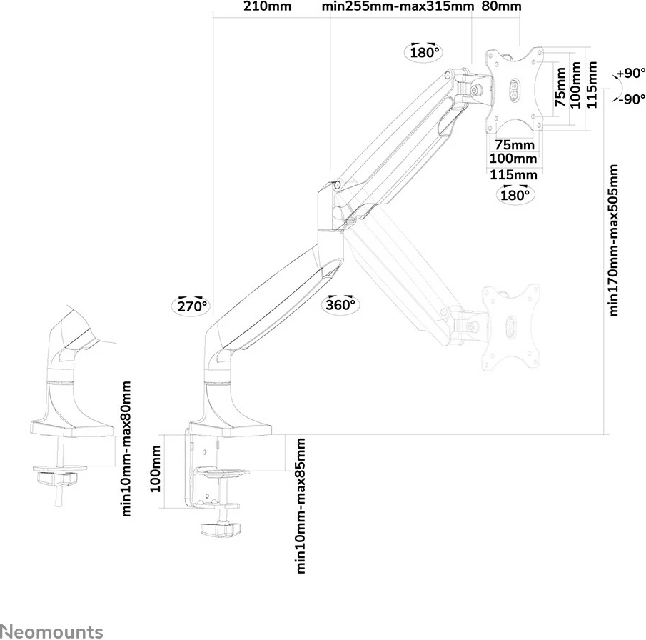 Krah monitori Neomounts NM-D750BLACK, gas spring, 10-32 inç, 9 kg, i zi