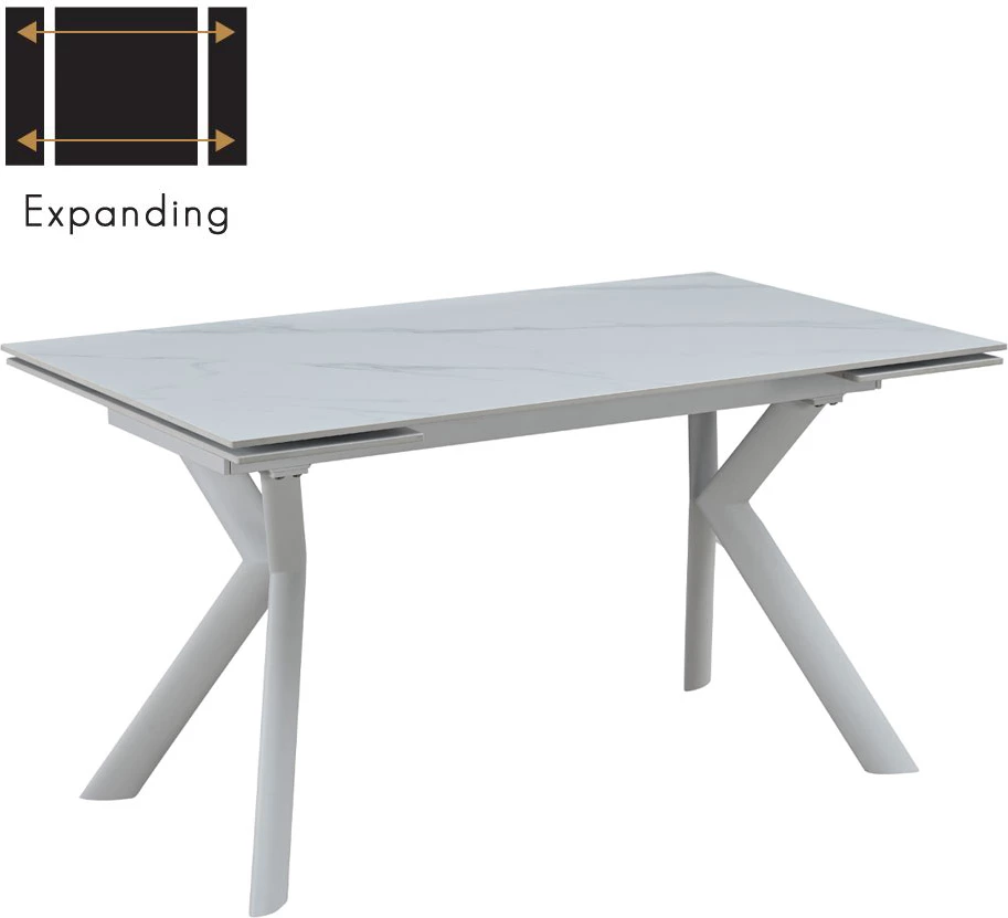 Tavolinë zgjeruese Kira, ngjyrë e bardhë me pamje mermeri, 140x80x75 cm