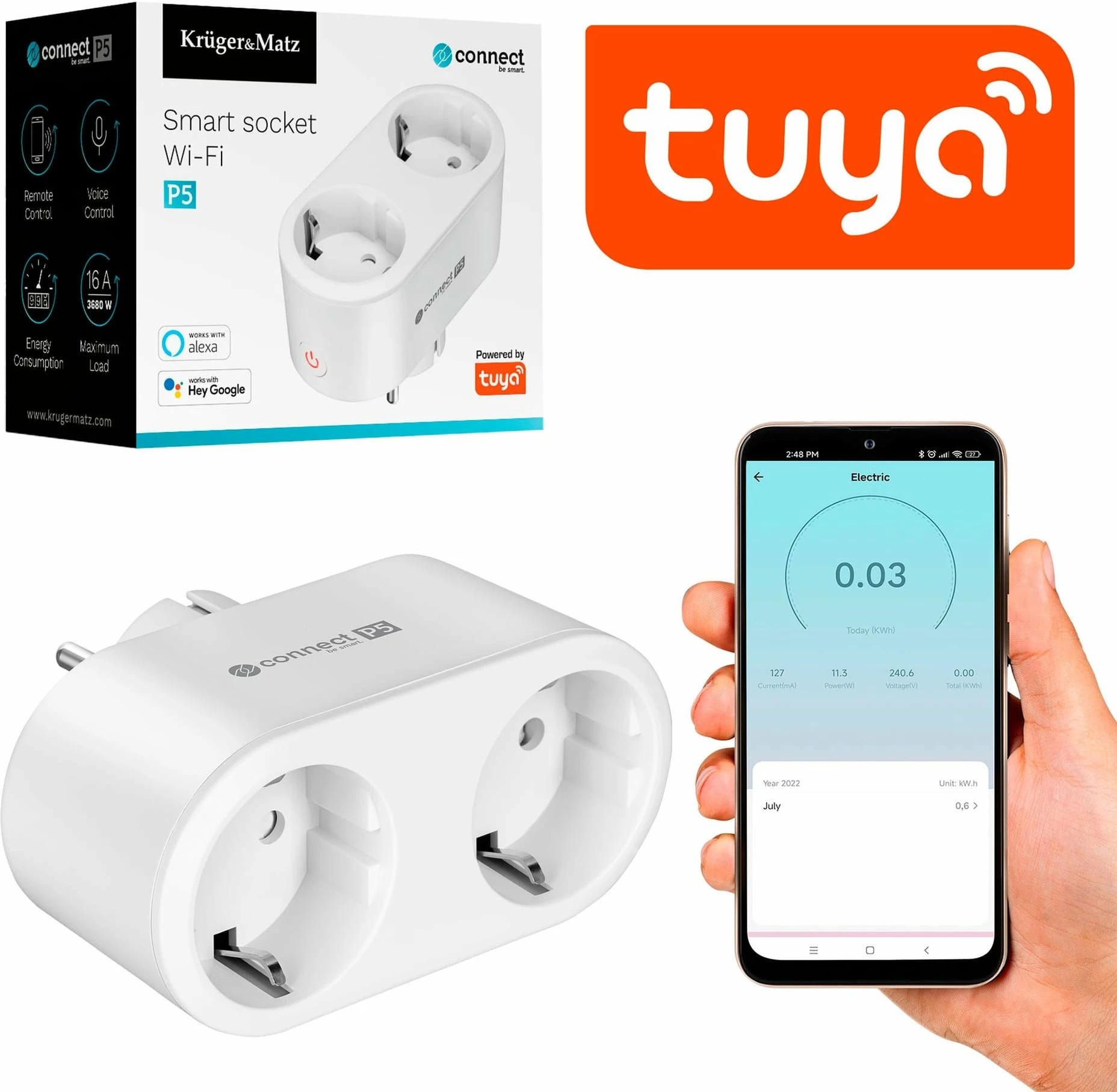 Prizë smart WiFi e dyfishtë Kruger&Matz Connect P5 Tuya, 16A/3680W, e bardhë