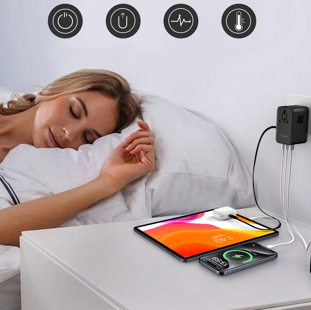 Adapter udhëtimi Choetech PD5020 me karikim të shpejtë 35W, 4 porta, USB-C/USB-A, i zi