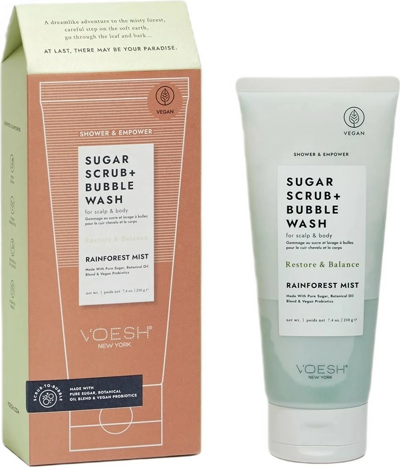 Scrub dhe Bubble Wash për trup dhe skalp VOESH Rainforest Mist për femra, 210g