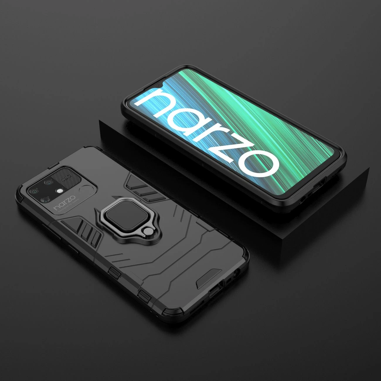 Mbështjellës Hurtel Ring Armor për Realme Narzo 50A, me dorezë magnetike, i zi