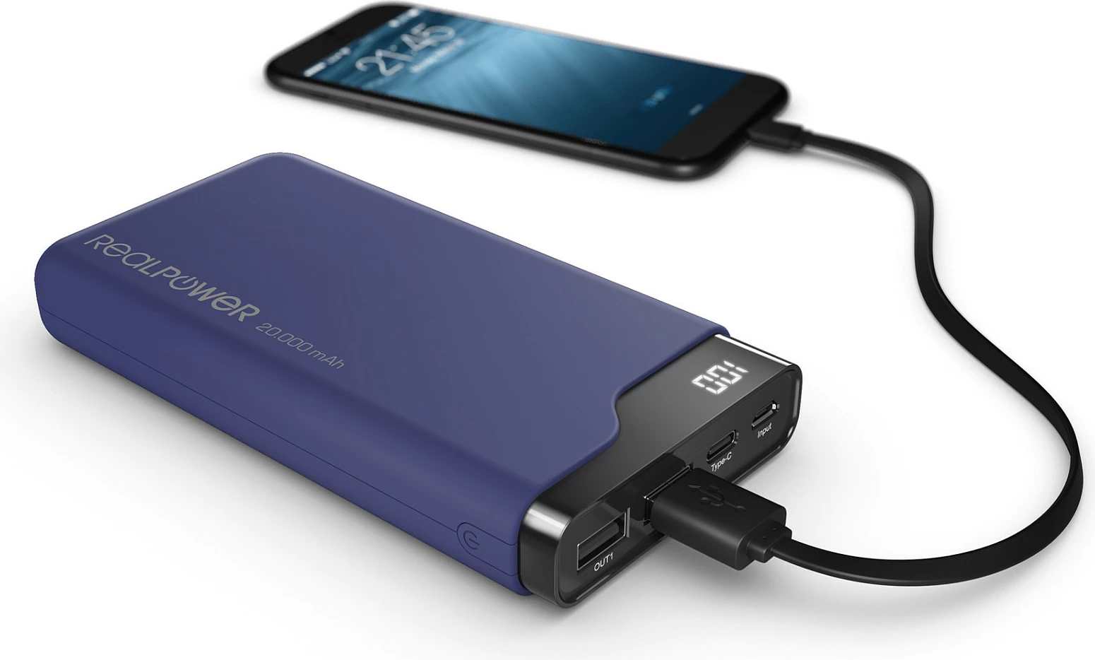Powerbank RealPower PB-15000C, 15000 mAh, me display, USB-C, blu navy/zi