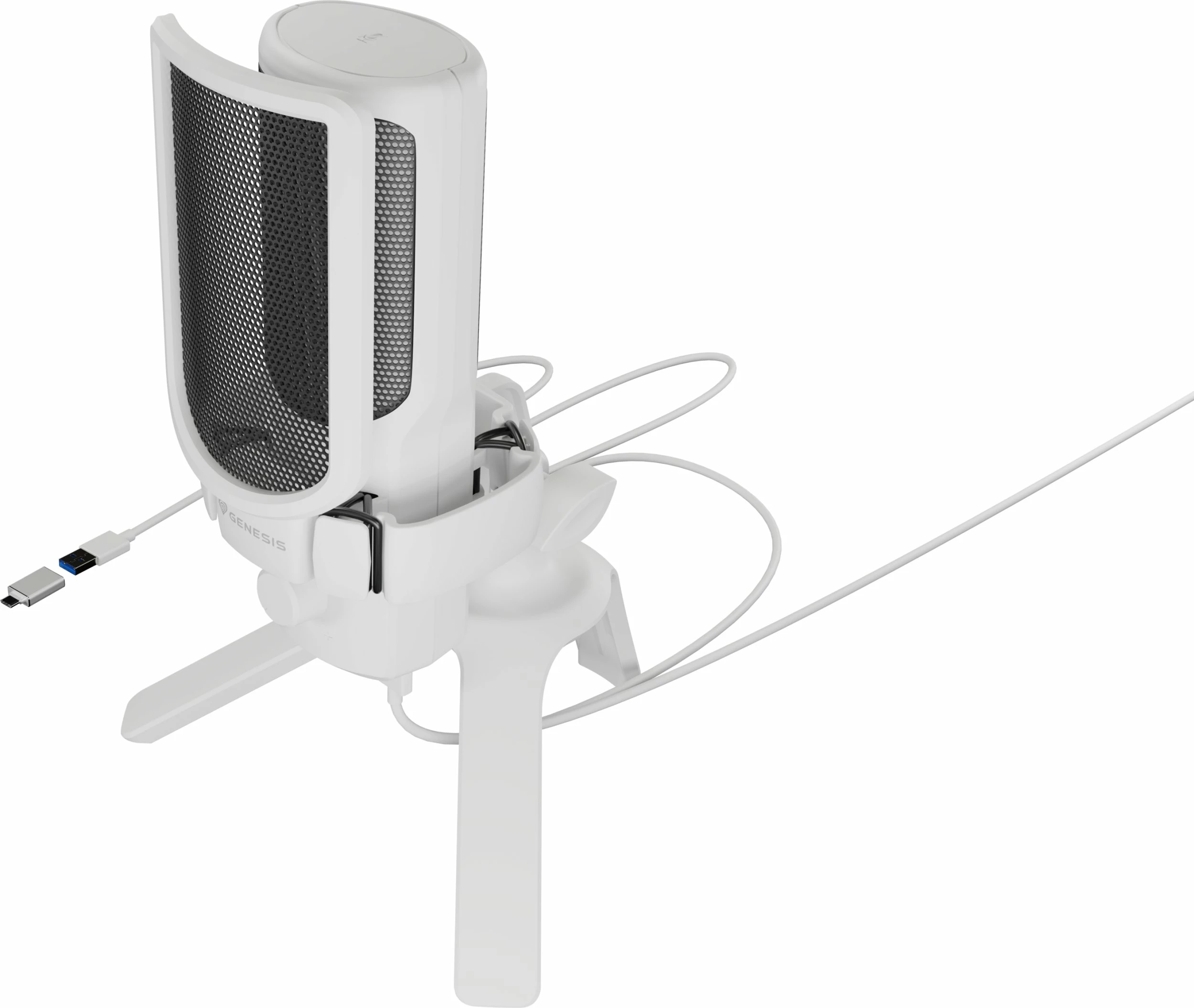 Mikrofon kondensator GENESIS Radium 250 NGM-2353, USB-C, kardioid, set me tripod dhe pop filter, i bardhë