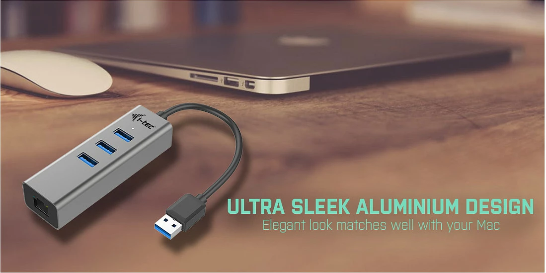 USB HUB i-tec Metal, 3x USB 3.0 + Gigabit Ethernet (RJ-45), USB-A, gri
