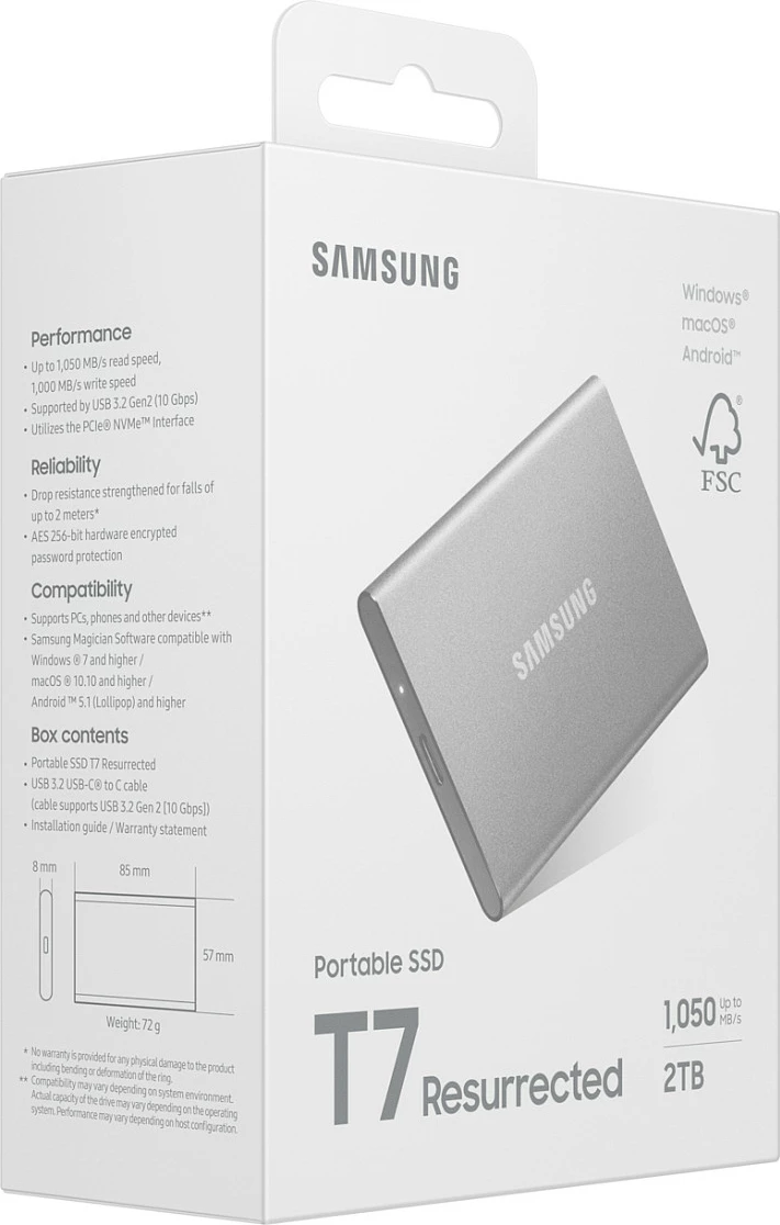 SSD eksterne Samsung MU-PD2T0G/WW, 2 TB, USB-C 3.2 Gen 2, 1050 MB/s, Argjendtë